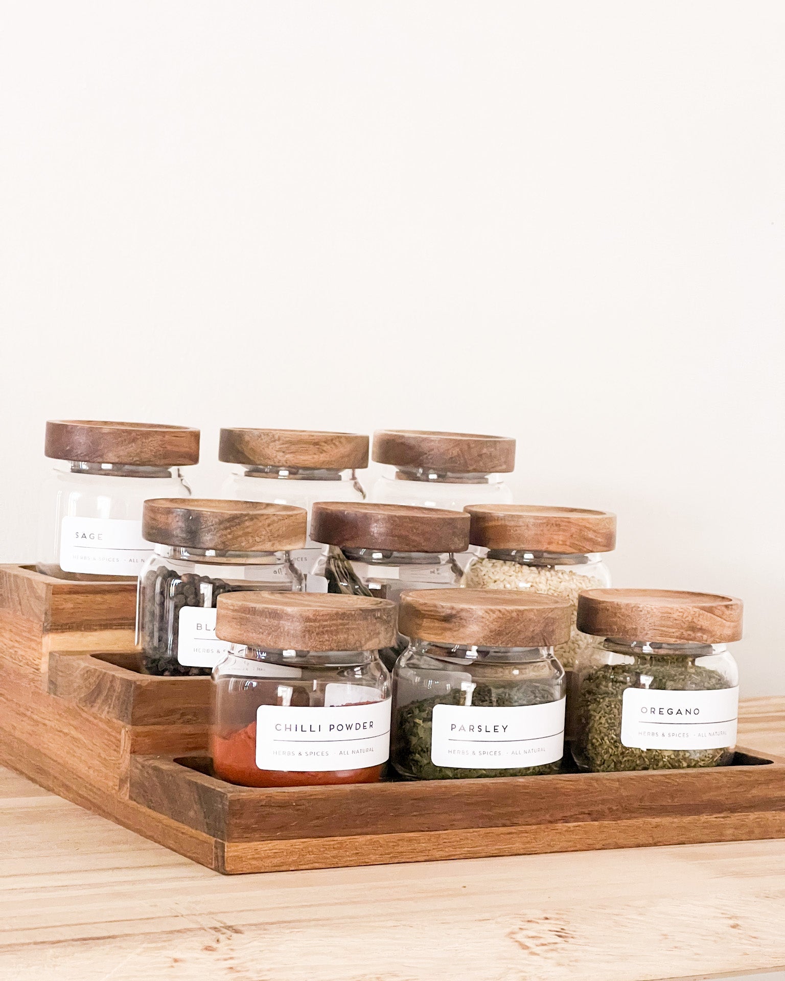 Mini Acacia Jars Natural Wood Spice jars with Rack and personalised labe image 0