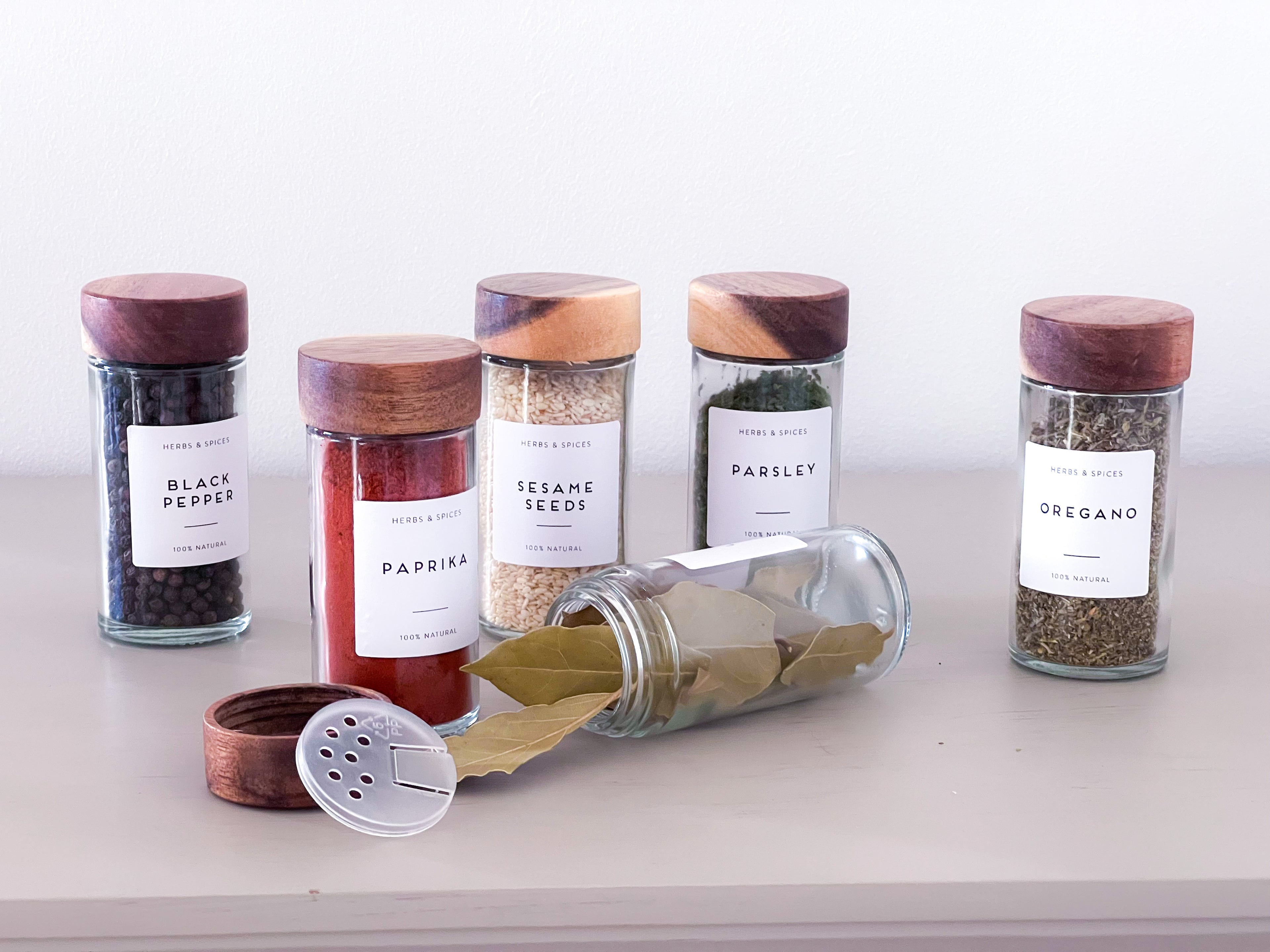 Spice Jars with Acacia Lids - Set of 6  with labels image 1