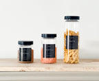 Glass Pantry Jars with Black Wooden Lids and Personalised Waterproof Black Label image 0
