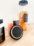 Glass Pantry Jars with Black Wooden Lids and Personalised Waterproof Black Label image 9
