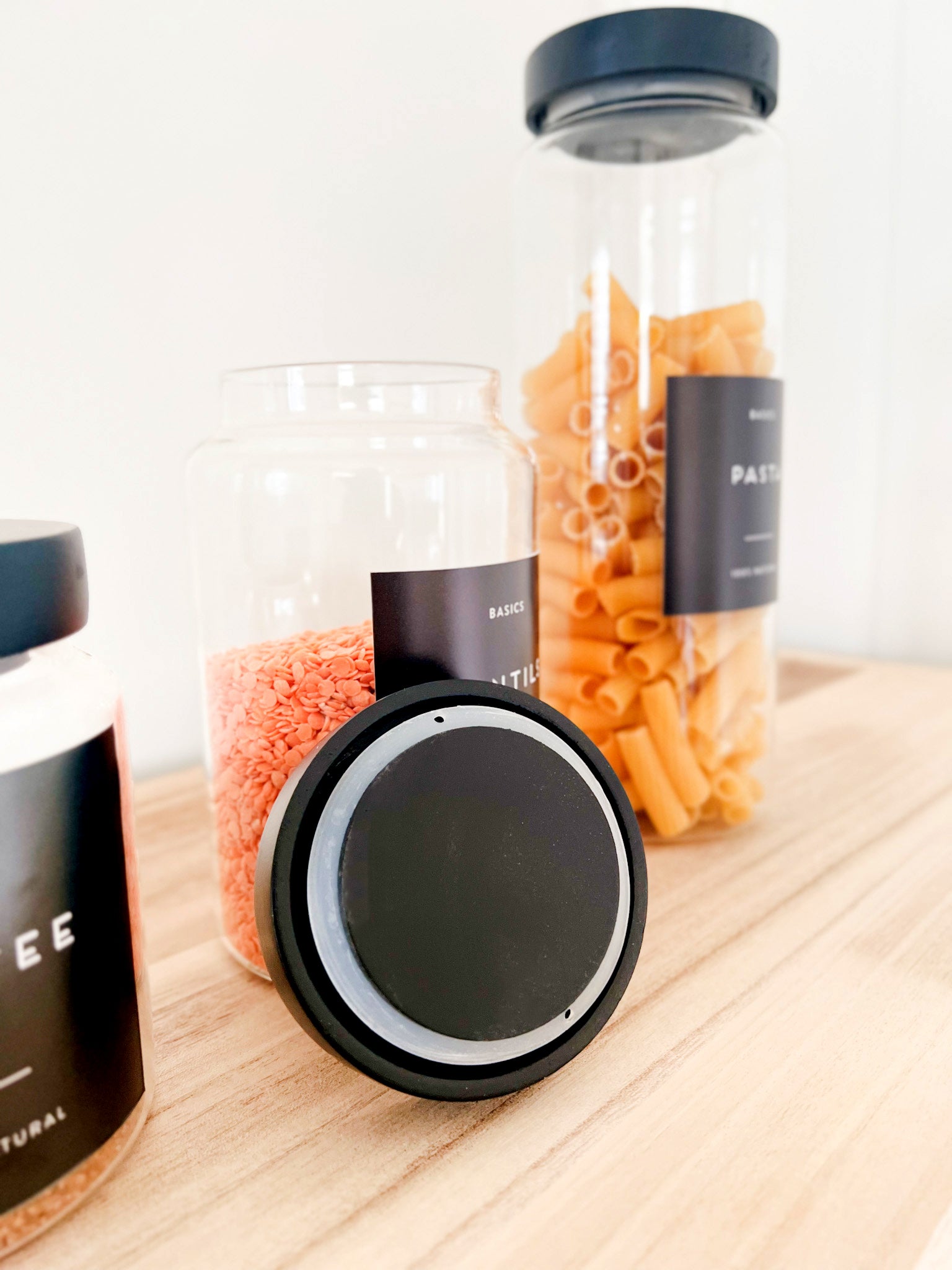 Glass Pantry Jars with Black Wooden Lids and Personalised Waterproof Black Label image 9
