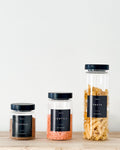 Glass Pantry Jars with Black Wooden Lids and Personalised Waterproof Black Label image 1