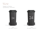 Two black trash bins labeled '24' with size specifications on a white background