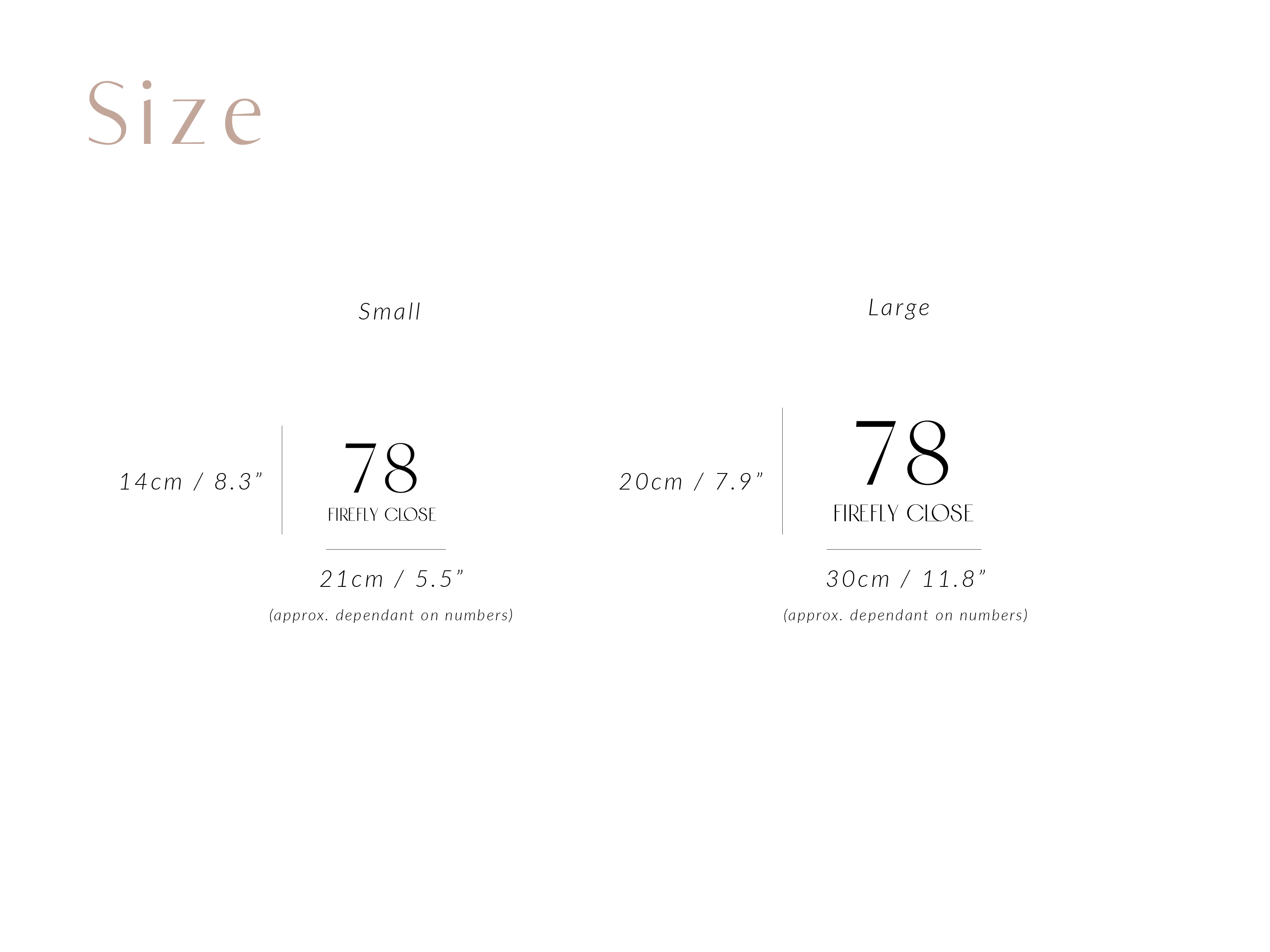 Size chart comparing small and large dimensions in centimeters and inches.