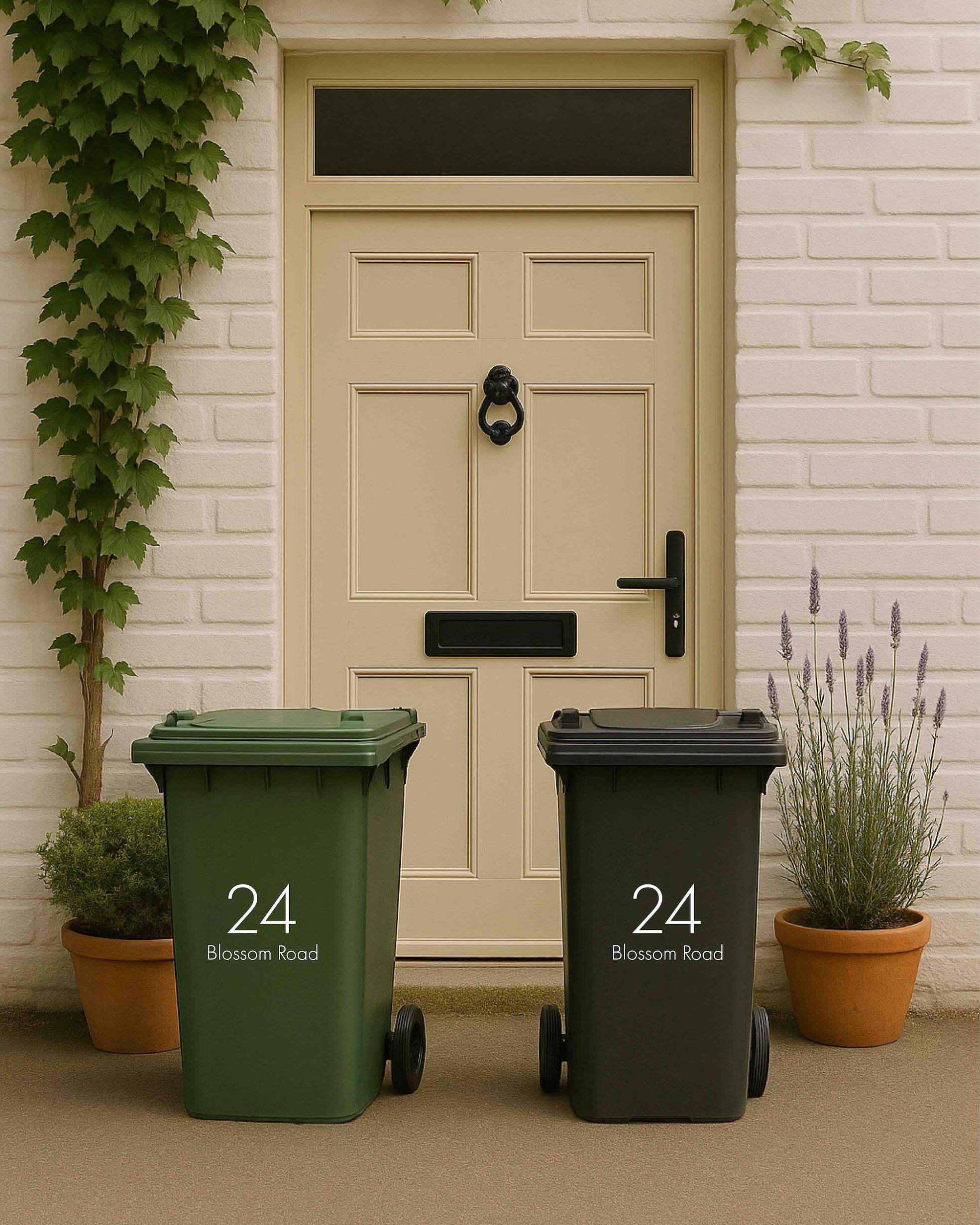 Two trash bins, one green and one black, with the number 24 on a white door background.
