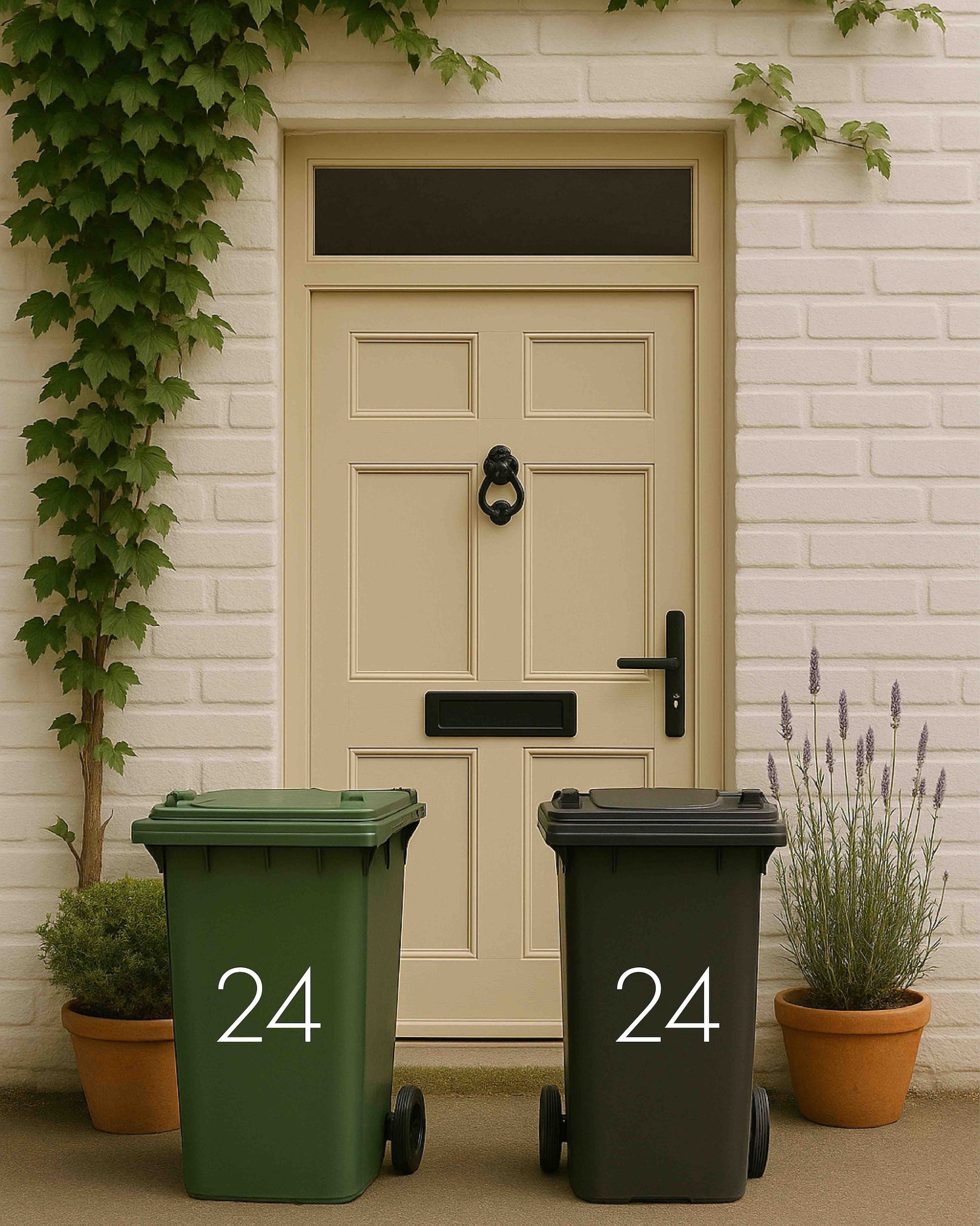 Two trash bins labeled '24' in front of a door with climbing plants.