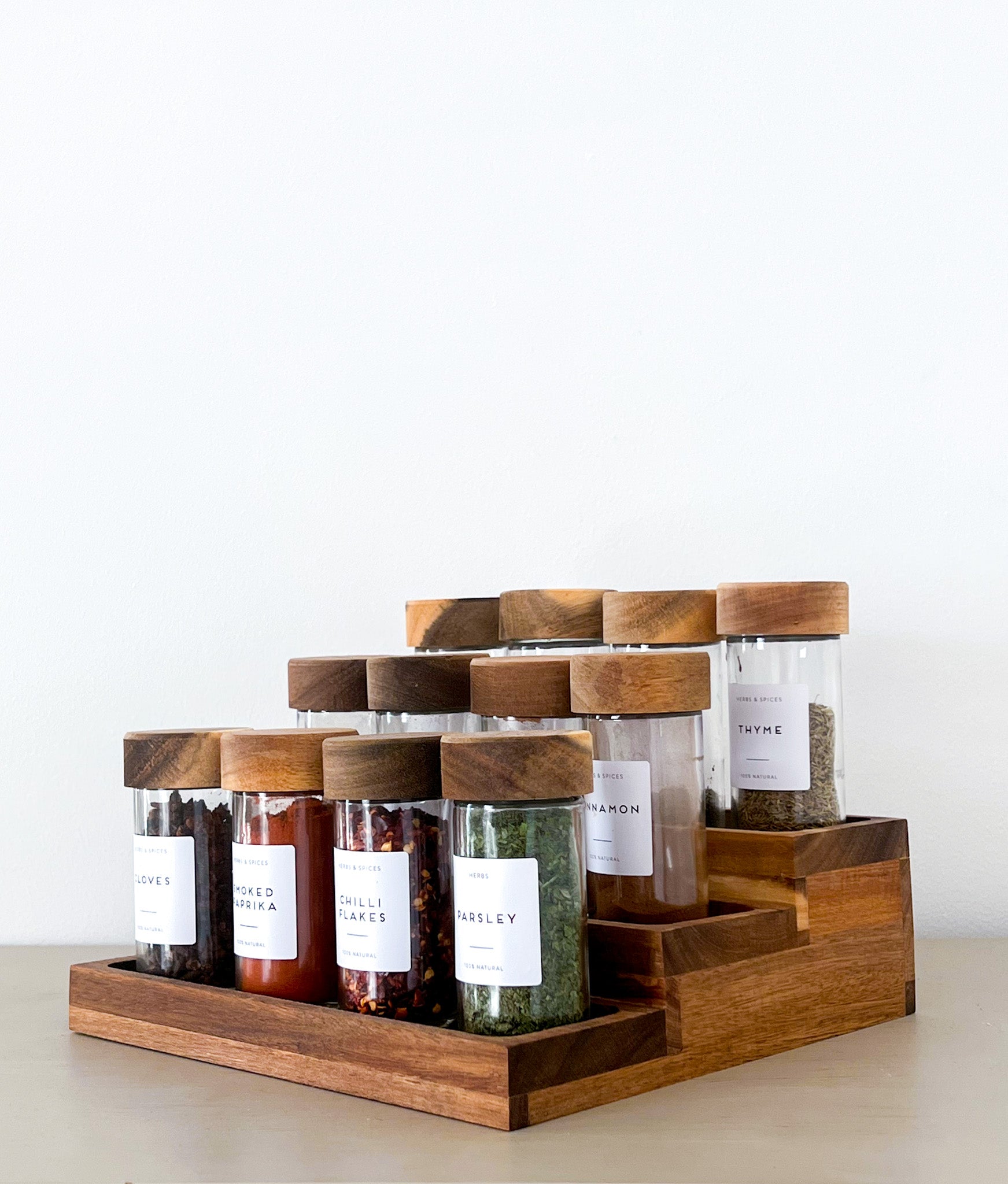 Acacia Spice Jars – Glass Set with Wooden Lid & Optional Labels