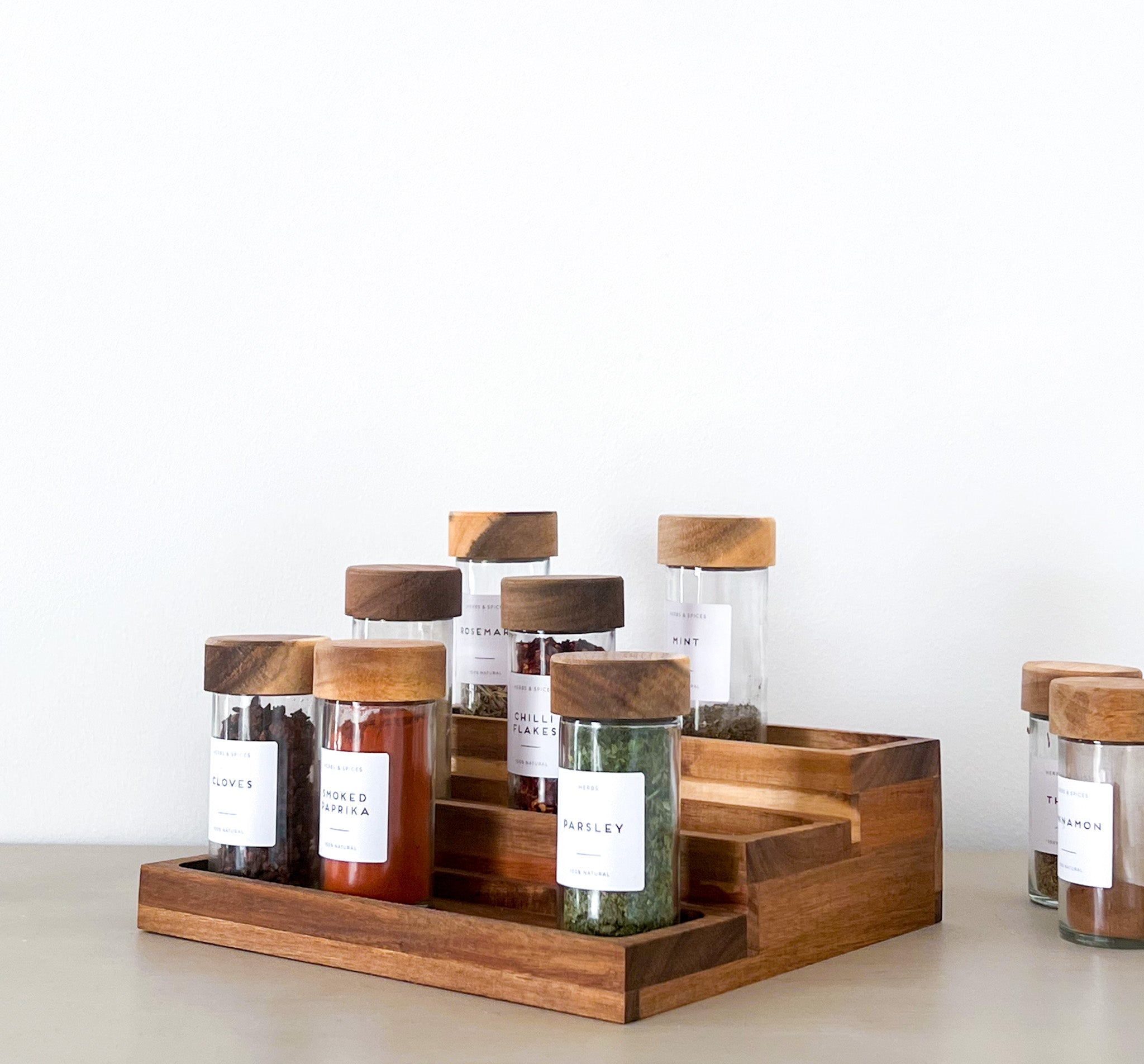 Acacia Spice Jars – Glass Set with Wooden Lid & Optional Labels