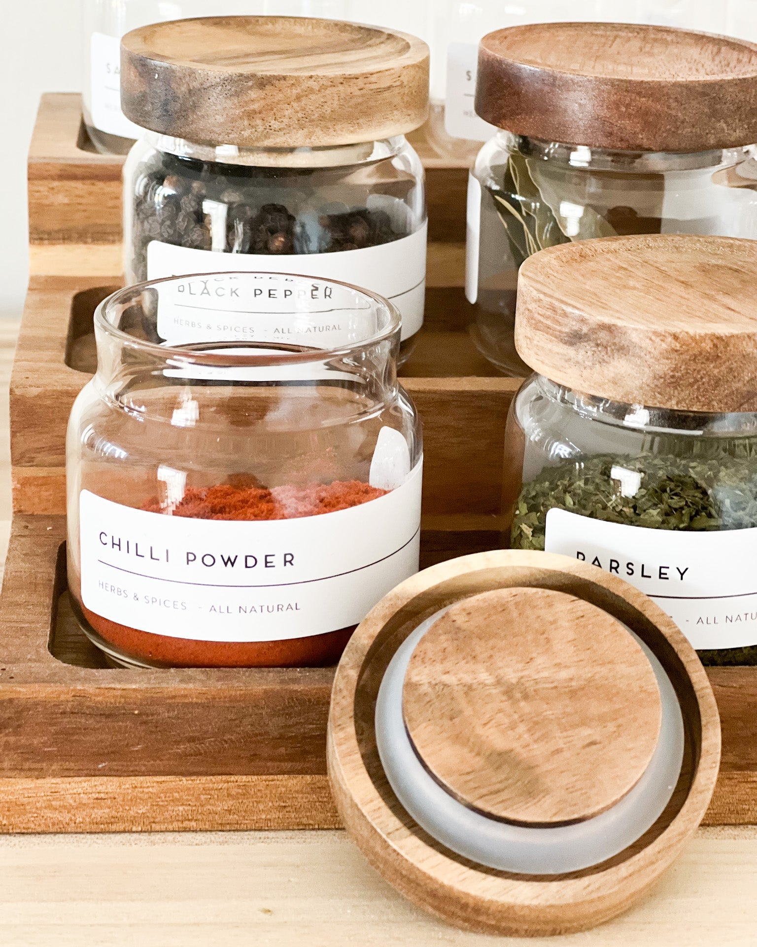 Mini Acacia Jars Natural Wood Spice jars with Rack and personalised labe image 5