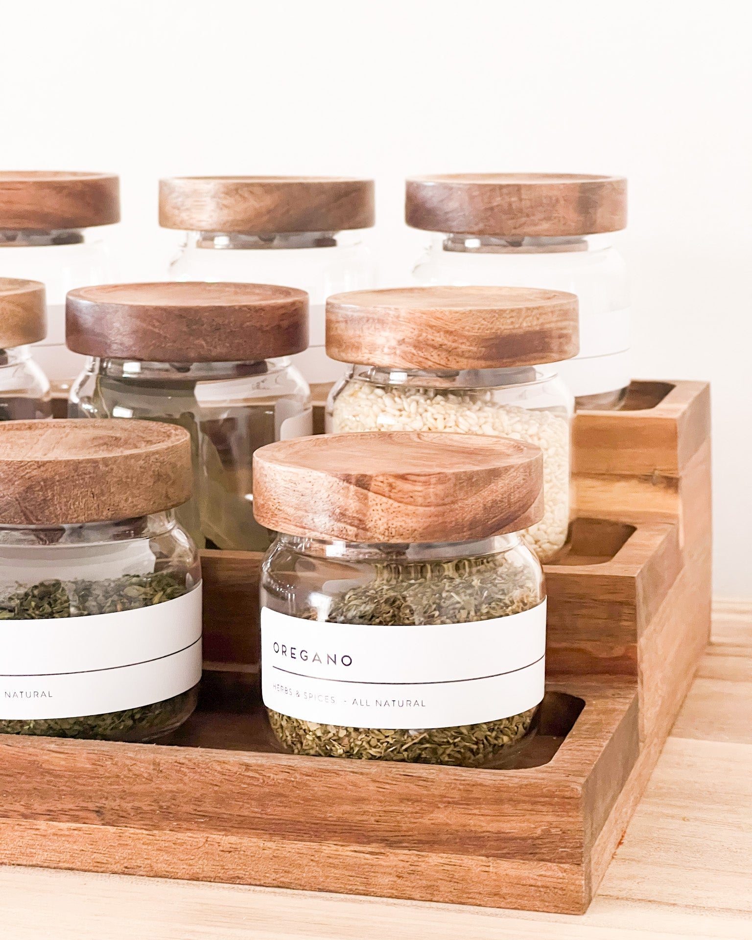 Mini Acacia Jars Natural Wood Spice jars with Rack and personalised labe image 1