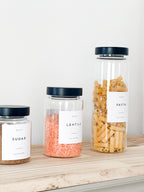Glass Pantry Jars with Black Wooden Lids and Personalised Waterproof Black Label image 2