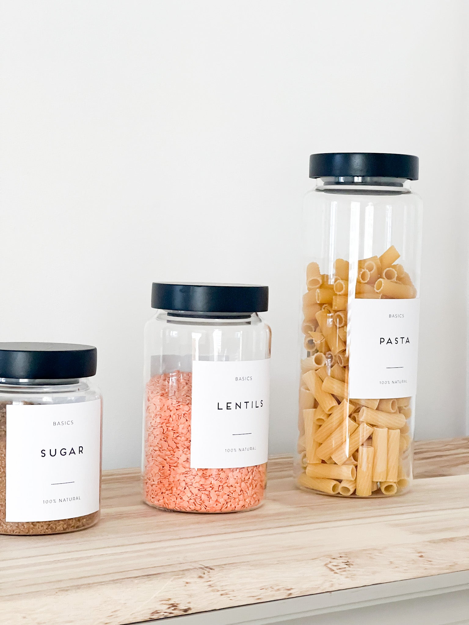 Glass Pantry Jars with Black Wooden Lids and Personalised Waterproof Black Label image 2