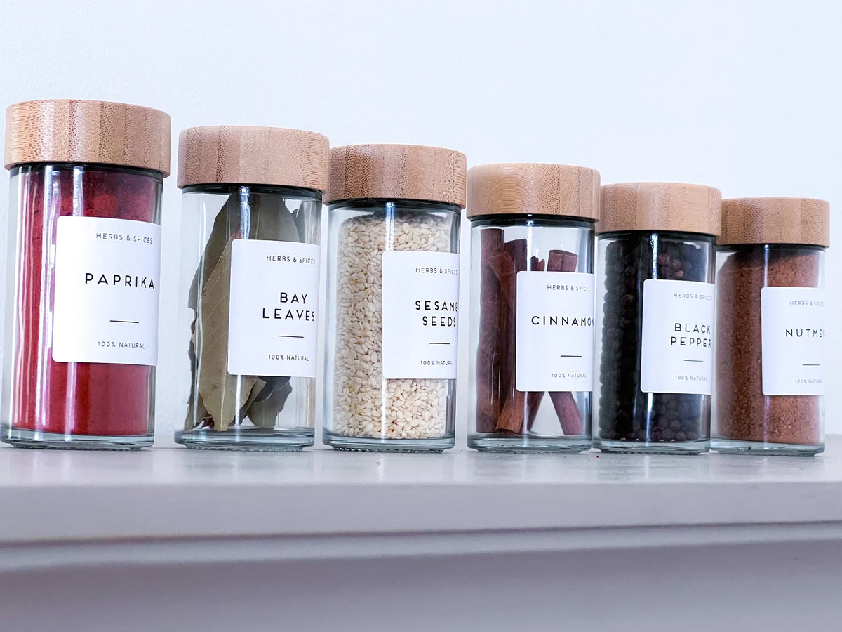Bamboo Spice Jars – Borosilicate Glass Set with Natural Bamboo Lid