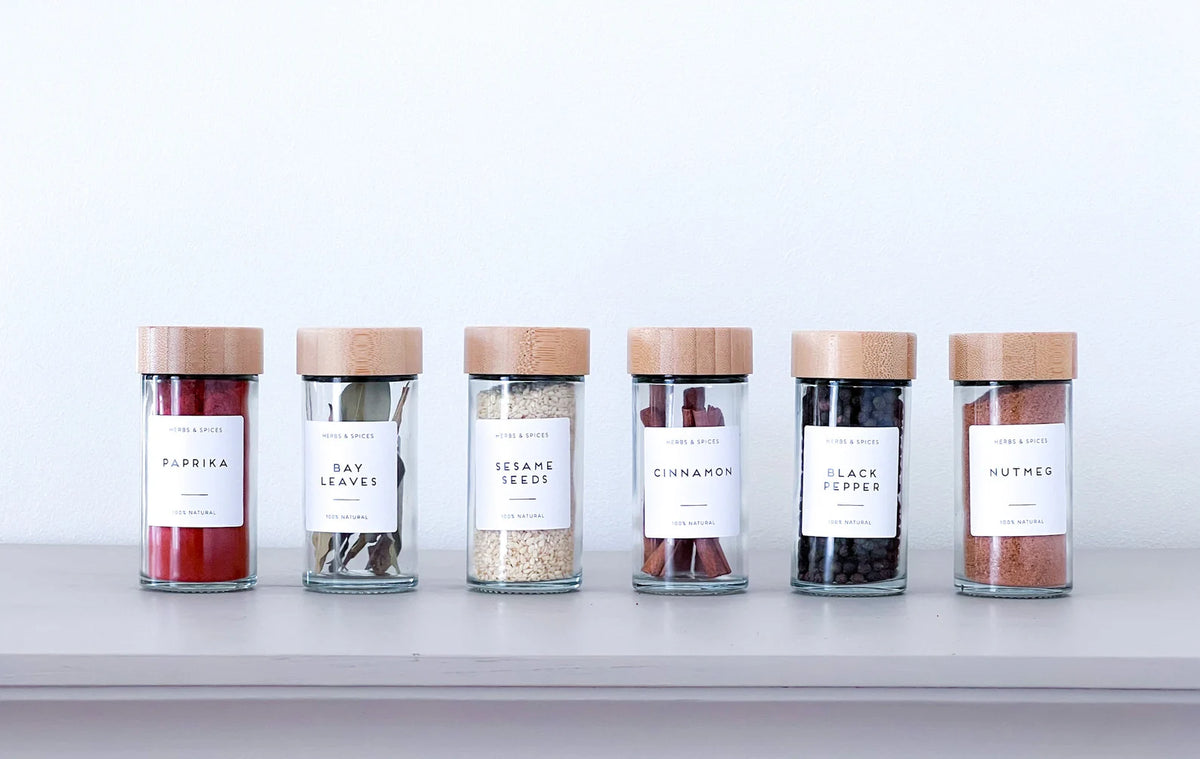 Bamboo Spice Jars – Borosilicate Glass Set with Natural Bamboo Lid