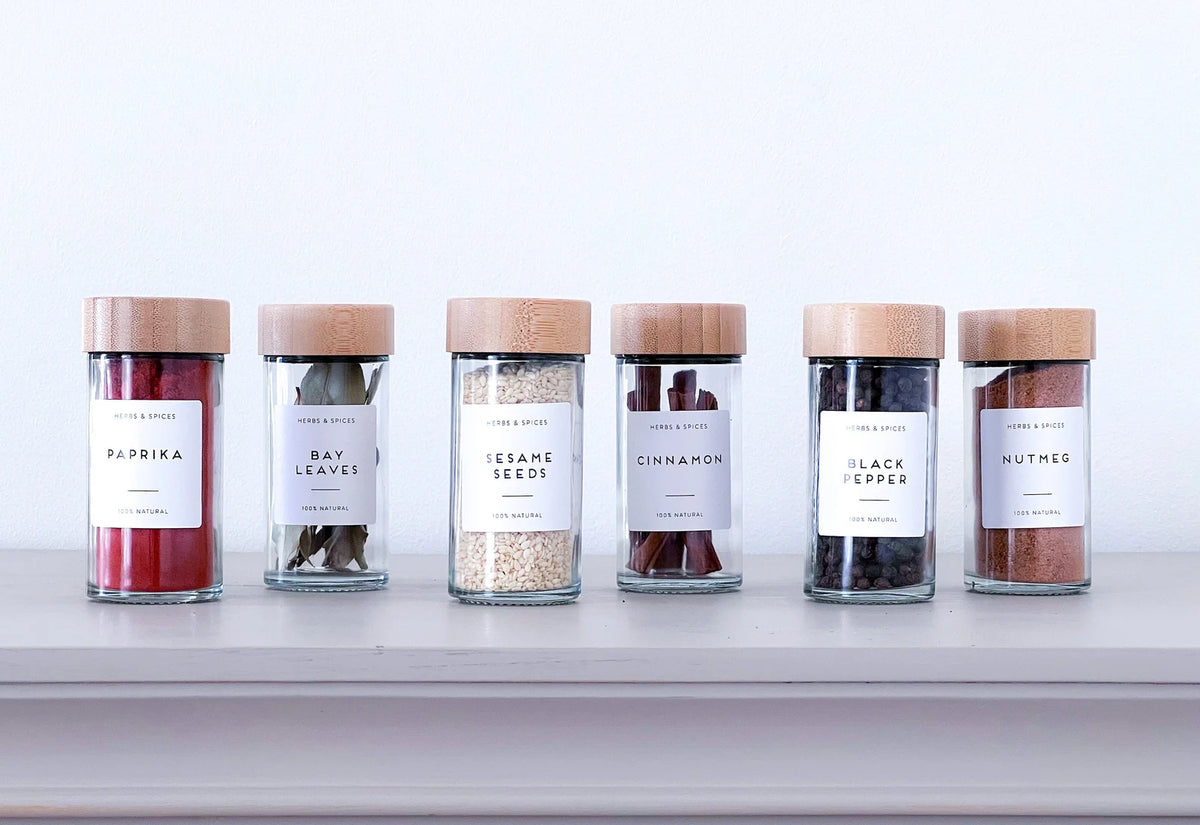 Bamboo Spice Jars – Borosilicate Glass Set with Natural Bamboo Lid